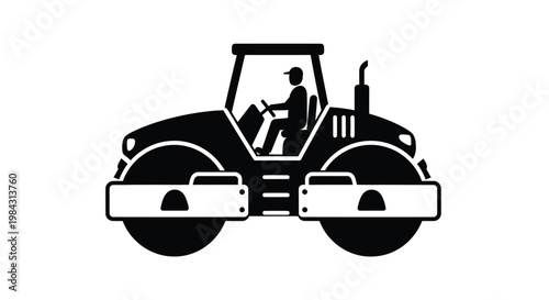 A stark black silhouette depicts a road roller with a driver inside the cabin showcasing construction equipment silhouette high quality professional detailed modern elegant