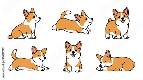 Cute Corgi Dog Line Art Pose Collection  Playful Puppy Outline Vector Set