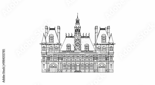 Ornate historical building with mansard roof, clock tower, and many windows