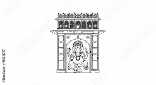 Ornate archway displays seated elephant deity within a decorative facade
