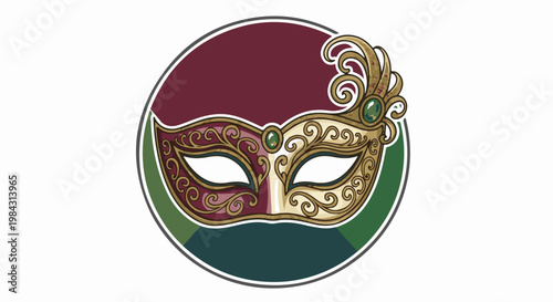 Ornate masquerade mask with feather and jewel accents, within a circle