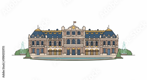 Ornate manor house with blue mansard roof, ornate facade, gardens, pool, and fountains
