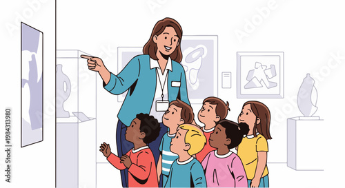 Museum tour guide explaining art to a group of diverse children