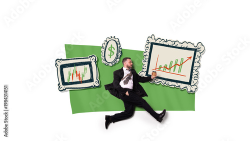 Businessman running between financial charts and growth graphs representing investment success. Concept of stock market growth, financial analysis and profit strategy with childlike illustration style