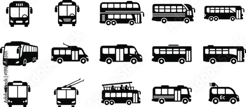 Set of black silhouette icons of various buses public transport vehicles trolleybuses with commuter