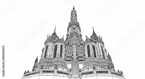 Ornate, tall temple structure with tiered levels and spires