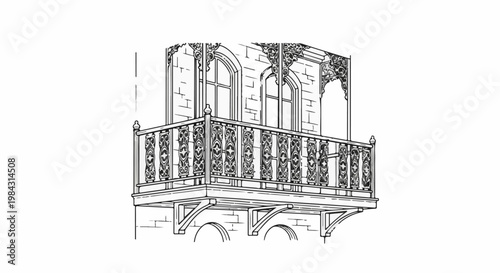 Ornate balcony with decorative railings and arched windows on stone building