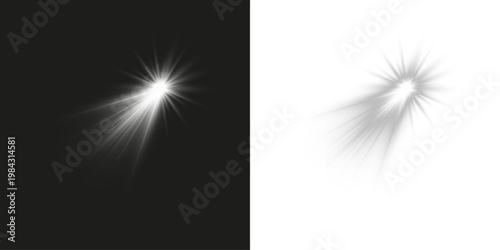 Bright white light flare with radiant beams and glowing rays effect isolated on transparent background.