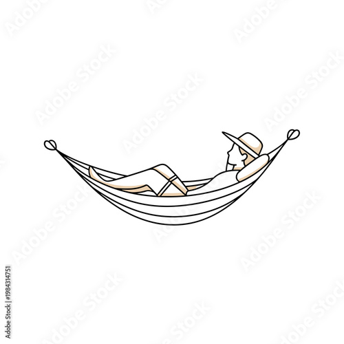 Person relaxing in a hammock with a hat on white background  