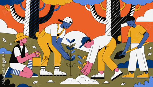 Sustainability concept illustration with people planting tree in nature environment teamwork ecology conservation eco friendly lifestyle