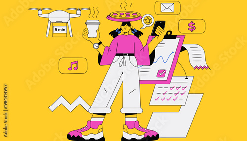 Multitasking lifestyle concept with person using smartphone managing tasks delivery communication and online services modern illustration