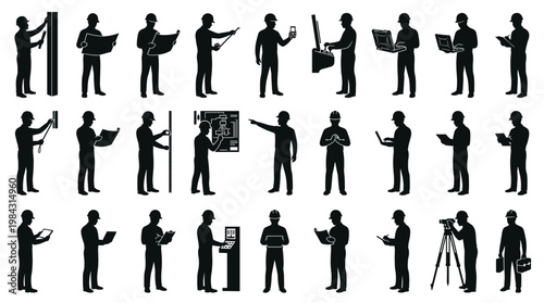 Collection of Silhouettes of People in Various Professional Roles Holding Tools and Devices.
