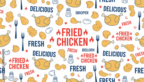 Colorful vector illustration of fried chicken doodle pattern symbolizing food and culinary culture