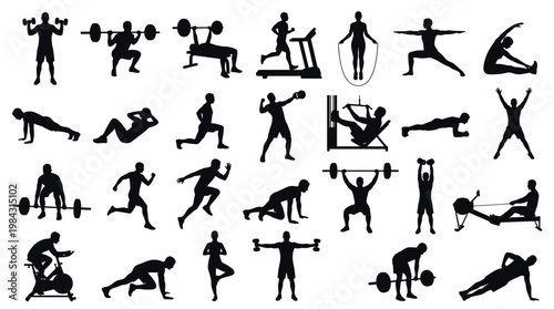 Collection of Silhouettes Depicting Various Fitness Exercises and Sports Activities for Health and Wellness.