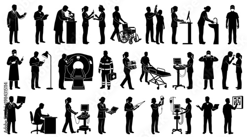Collection of Silhouettes Representing Medical Professionals and Equipment in Various Healthcare Settings.