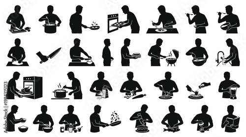 Collection of Silhouettes Depicting Various Culinary Activities and Food Preparation Techniques.