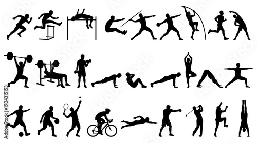 A comprehensive collection of black silhouette icons depicting various athletes engaged in a wide range of sports and fitness activities.