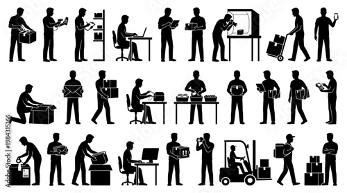 Collection of Silhouettes Depicting Various Warehouse and Logistics Activities Performed by People.