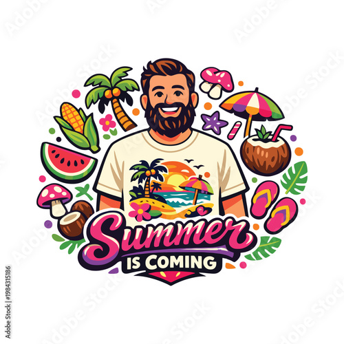 Summer themed illustration with smiling character, tropical fruits and beach elements. Perfect for seasonal branding, posters and merch.