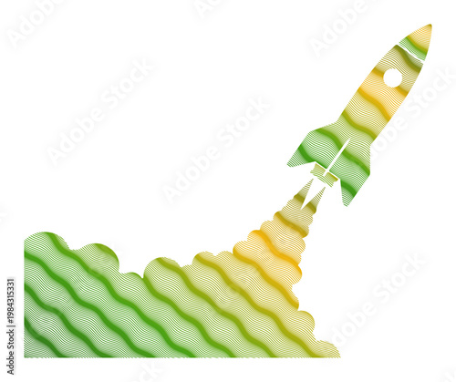 Colorful rocket blasting off with vibrant smoke trails against a white background, symbolizing launch and innovation.