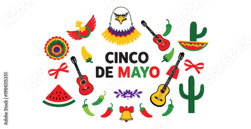 Cinco de Mayo festive vector with eagle, guitar, cactus and food icons. Vibrant decorative layout for seasonal promotions and prints.