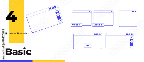 Basic neo brutalism line popup window pack. Essential empty dialog boxes. Scrollbar panel and videos. Interface elements collection in neubrutalism outline style. Monochrome Y2K UX design