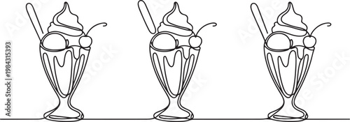 Ice cream sundae continuous line drawing set. One line art of dairy produce, milk products, food.one line drawing vector illustration