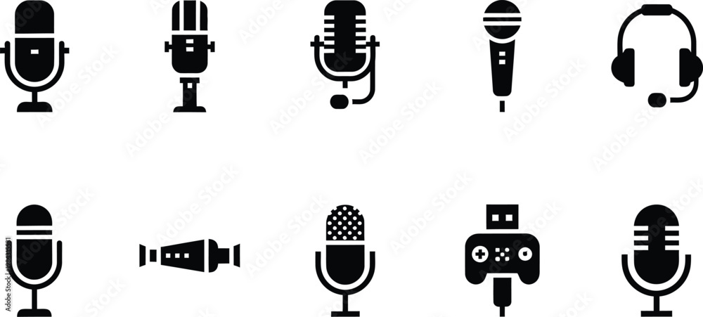 Obraz premium Microphone and headset icons: audio recording and communication devices with microphone stand
