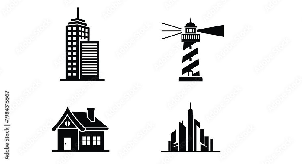 Obraz premium Minimalist icons of buildings and a lighthouse in black silhouette