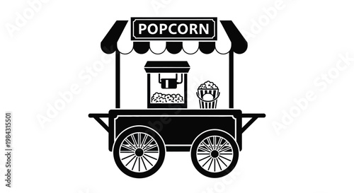 A detailed black illustration depicts a vintage popcorn cart with a striped awning and full containers a silhouette high quality professional modern elegant stylish