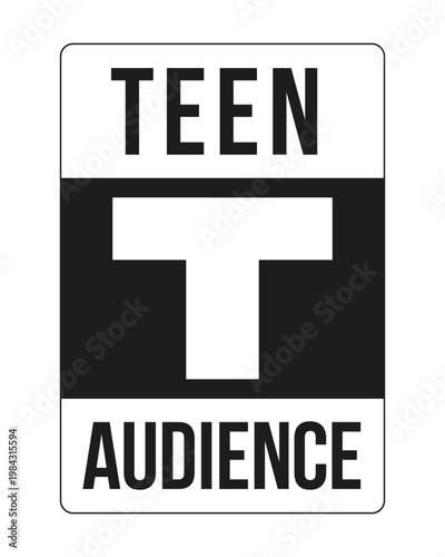 Teen audience rating black and white label sign. Content suitability for teenage viewer. Age category. Digital media alert. Isolated vector badge. Monochrome notice graphic with text. Online attention