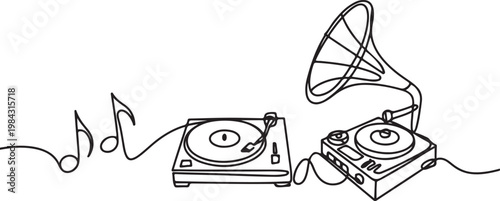 Record Player set, Turntable, Gramophone, tape recorder one line art. Continuous line drawing of vinyl, record, melody, studio, electronic, music, vintage, dj.one line drawing vector illustration