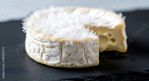 Wabi-sabi aesthetic. ice crystals forming on the surface of a young, bloomy-rind cheese (like a Camembert). slightly frozen for a modern dessert, creating a fragile frost layer 