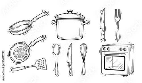 Hand drawn kitchen icons cooking utensils doodle vector illustration set isolated design