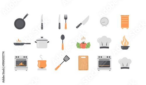 Cooking and kitchen icons set flat design utensils food preparation vector illustration