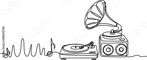 Record Player set, Turntable, Gramophone, tape recorder one line art. Continuous line drawing of vinyl, record, melody, studio, electronic, music, vintage, dj.one line drawing vector illustration