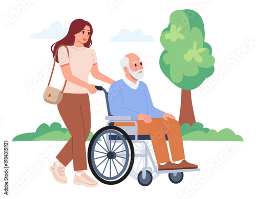 Social Volunteering Concept. Volunteer Woman helping Senior Man on Wheelchair. Taking Care of Old People. Flat Vector Illustration.