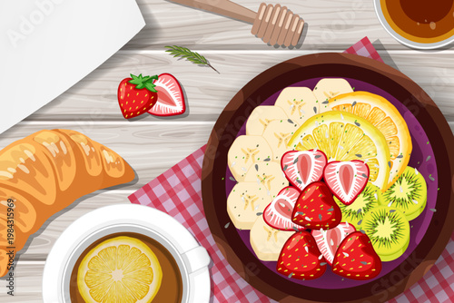 Top view Acai food bowl and placemat on wood table