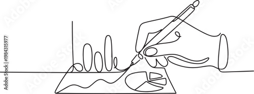 Simple continuous lin drawing of hand writing with pen business analysis. Business minimalist concept.one line drawing vector illustration