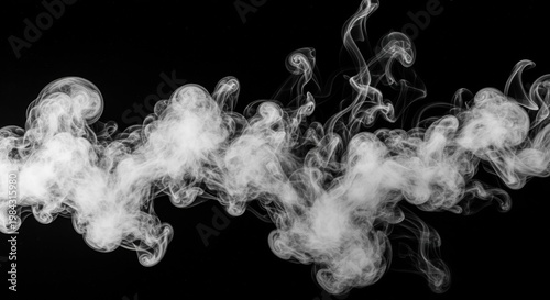 Dense white smoke swirls across a black background, creating dramatic flowing patterns. Ethereal wisps curl and twist, forming an abstract composition. Perfect for backgrounds or design elements.