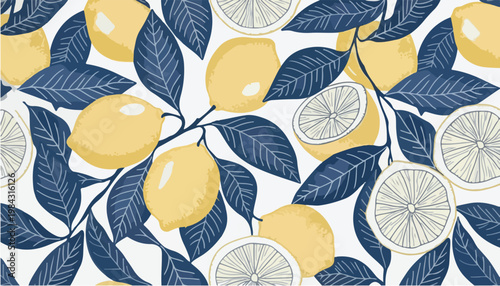 Vibrant Lemon Pattern with Leaves on White Background