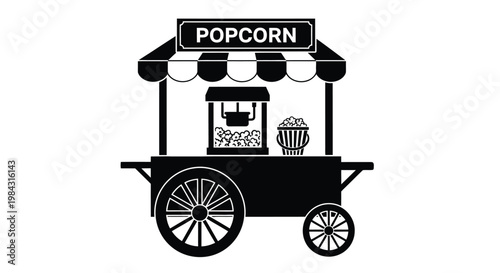 A striking black and white illustration depicts a classic popcorn stand with a rectangular sign offering a nostalgic feel silhouette high quality professional detailed
