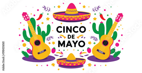 Bright Cinco de Mayo design with guitars, sombrero and cactus. Playful festive composition ideal for party posters, cards and branding.