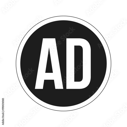 AD advertising black and white label sign. Promotional content disclosure. Retail branding. Marketing. Digital media alert. Isolated vector badge. Monochrome notice graphic with text. Online attention