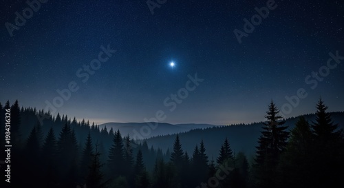 A serene nighttime landscape with silhouetted evergreen forests against distant mountains under a starry sky. A bright moon shines prominently, casting soft light over the wilderness.