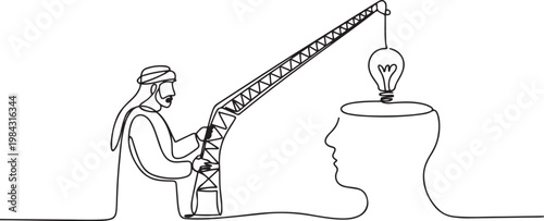 Single continuous line drawing Arab man controls crane inserts lightbulb into big open silhouette of a head.one line drawing vector illustration