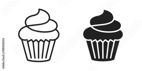 Cupcake Icons Line and Silhouette on White Background