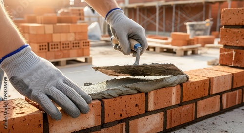Close-up of worker's gloved hands applying mortar between bricks at construction site. Shows careful cement placement on brick wall with building materials visible in background.