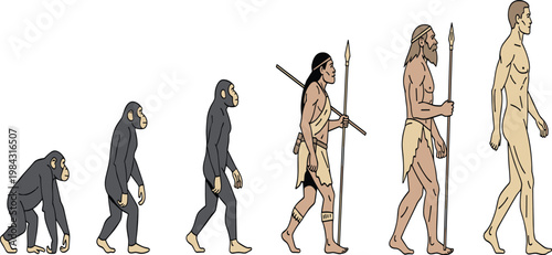 Human Evolution Stages from Ape to Modern Man with Primitive Hunter Characters Holding Spears, Prehistoric Development Timeline Vector Illustration for Anthropology Concept.