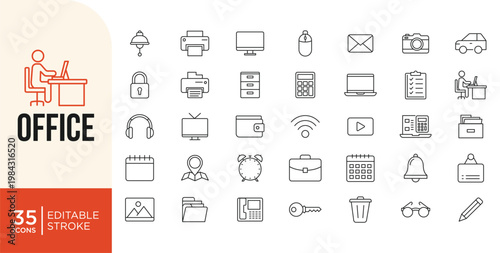 Office and Workplace Line Icons Set. Business Tools, Equipment, Productivity, Workspace, Organization Symbols Editable Stroke